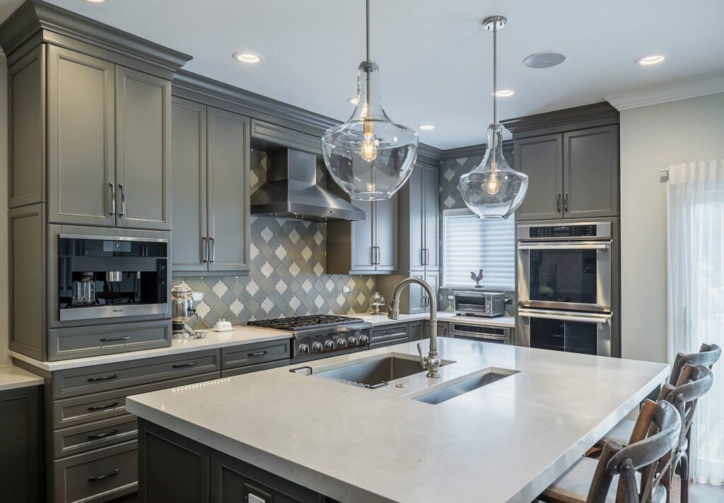 Custom gray kitchen with large center island