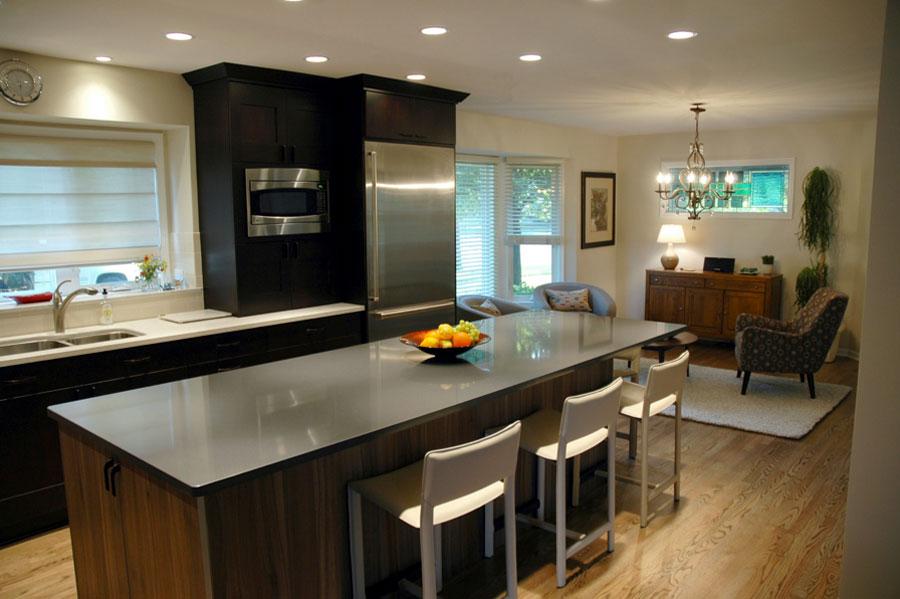 A kitchen with peninsula counter, to reduce unwanted traffic