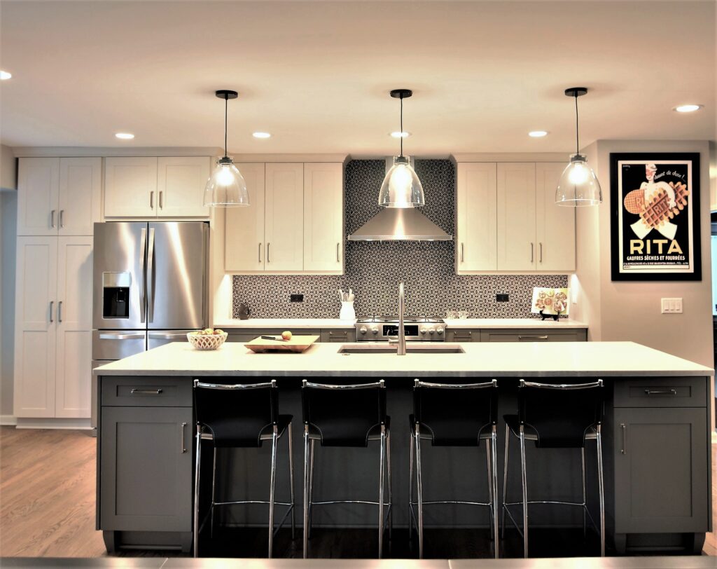 White and Gray kitchen with large island