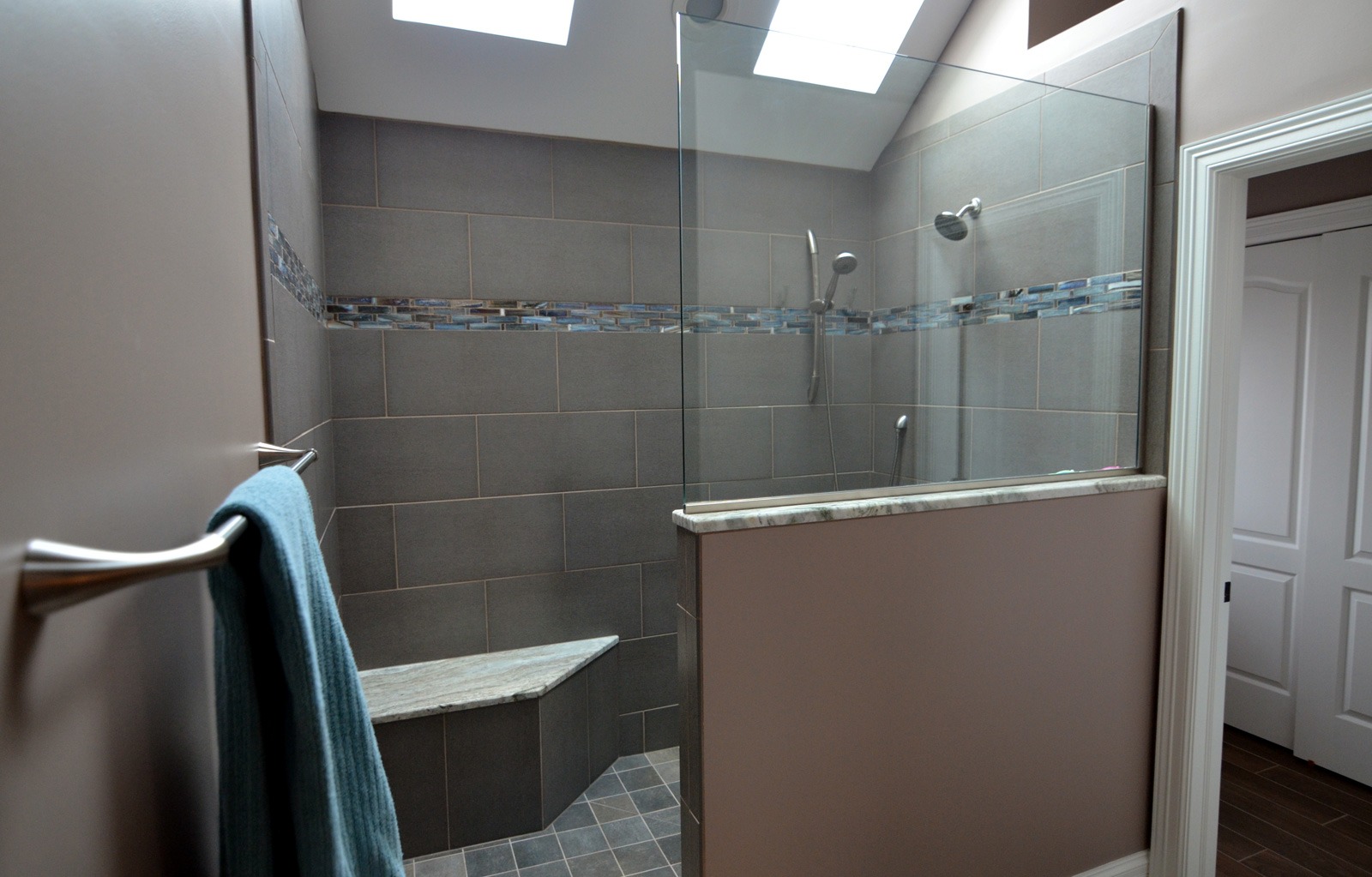 Bathroom remodeling in Naperville, IL. A custom walk-in shower replacing tub space.