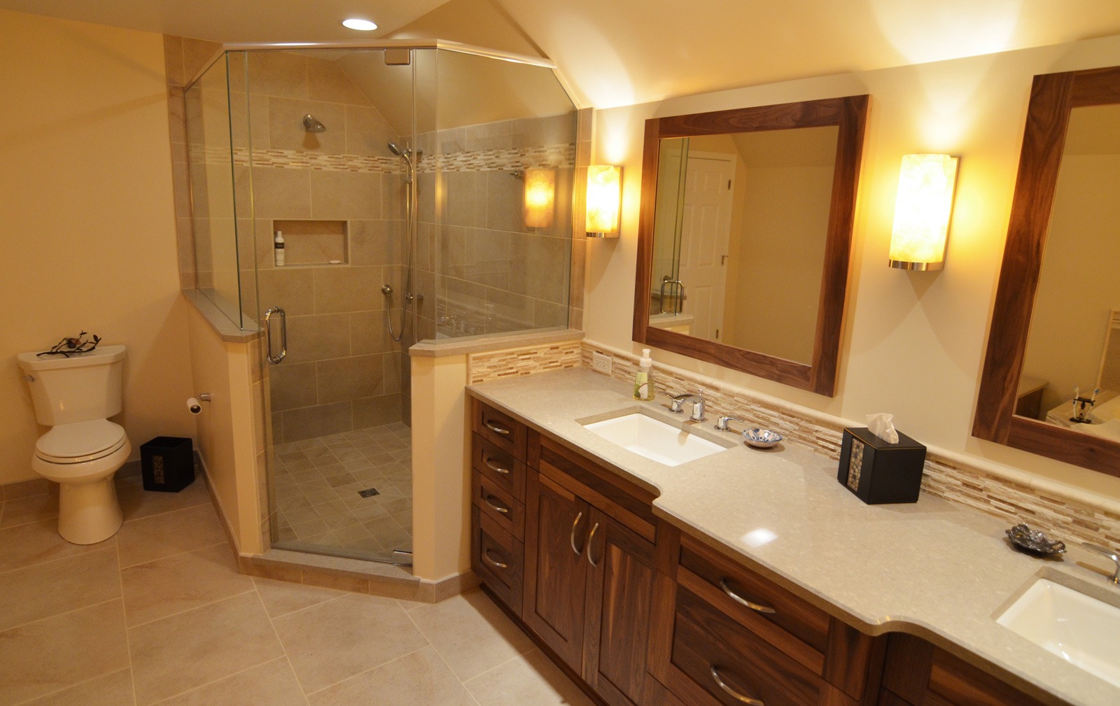 Bathroom remodeling in Naperville, IL. A custom shower with an angled door for expanded space.