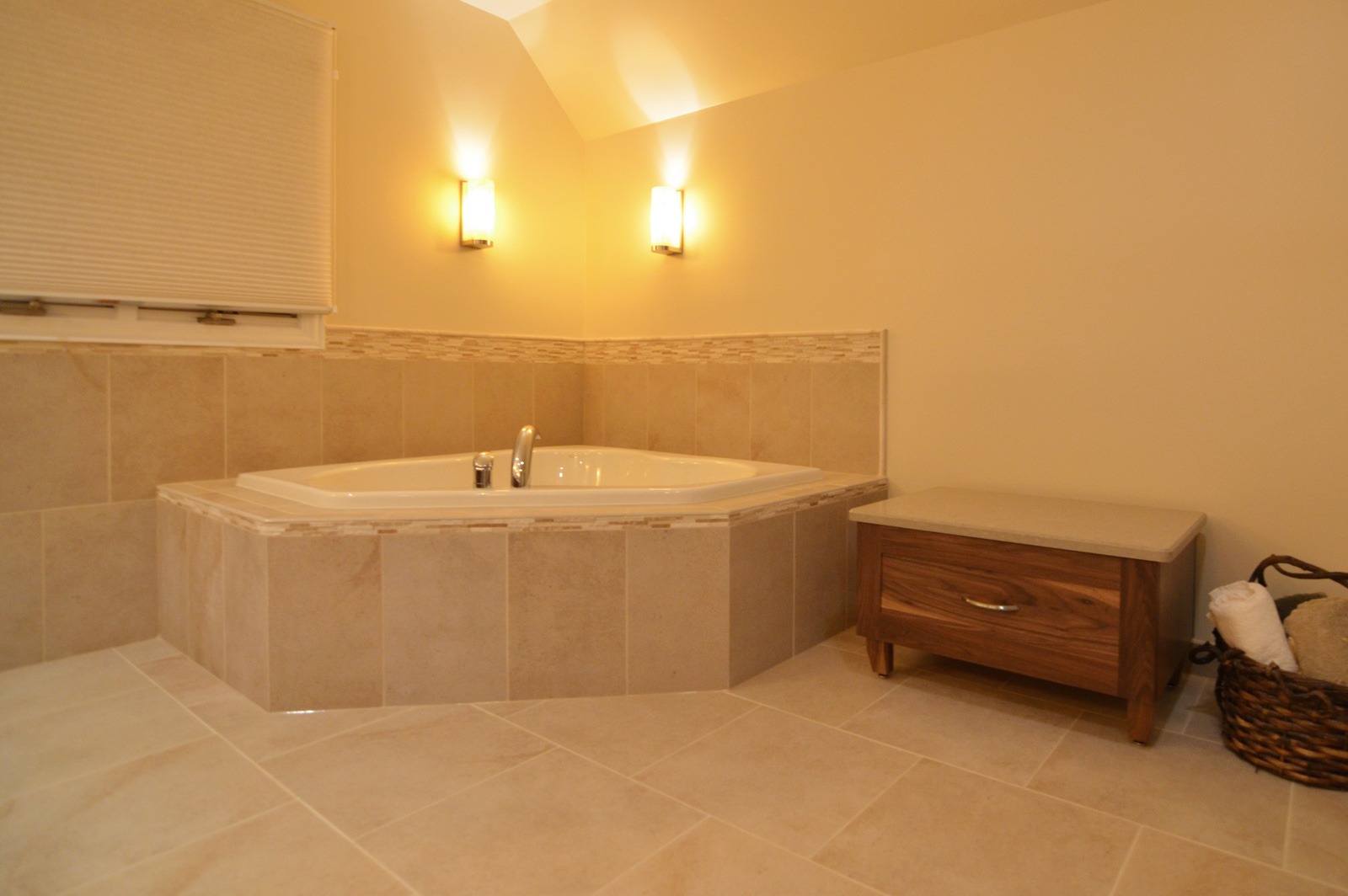 Bathroom remodeling in Naperville, IL. A corner soaking tub replacing the previous oversized tub.