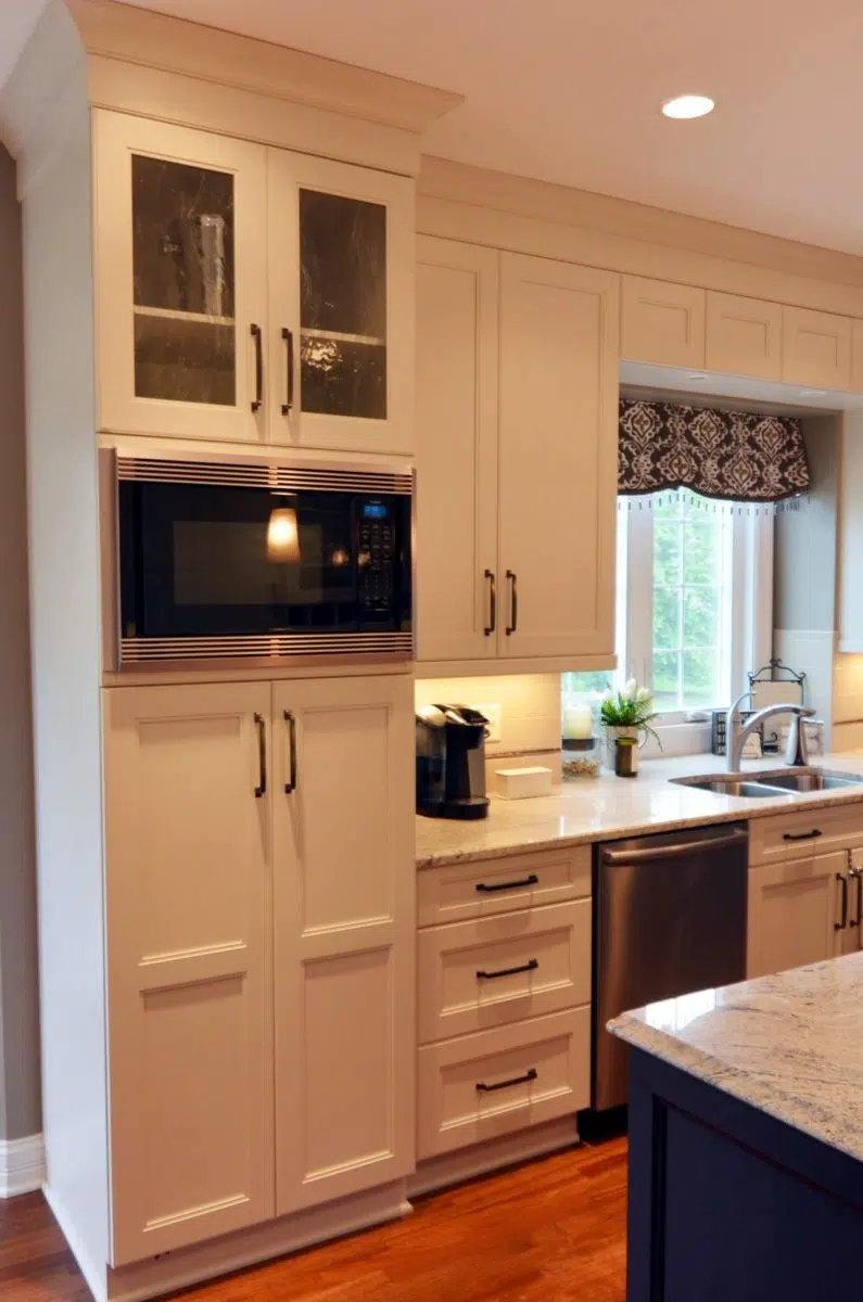 the kitchen master renovation white cabinets mounted microwave hardwood flooring recess lighting