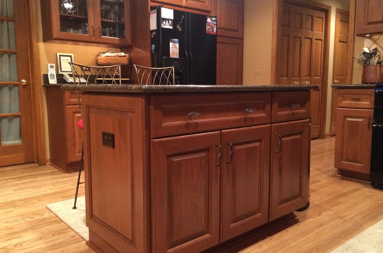 the kitchen master renovation deep redwood cabinets light hardwood floors small island