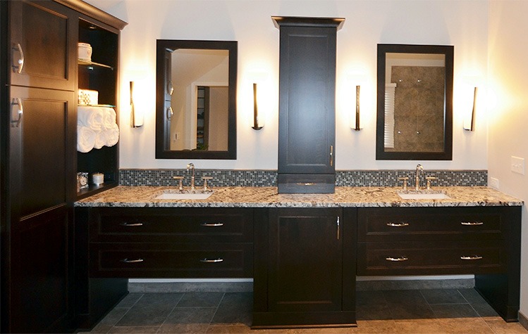 the kitchen master master bath remodel dark vanity with double sink and mirrors 