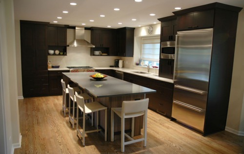 modern kitchen remodel dark cabinets stainless steel hardwood floors island with 4 barstools