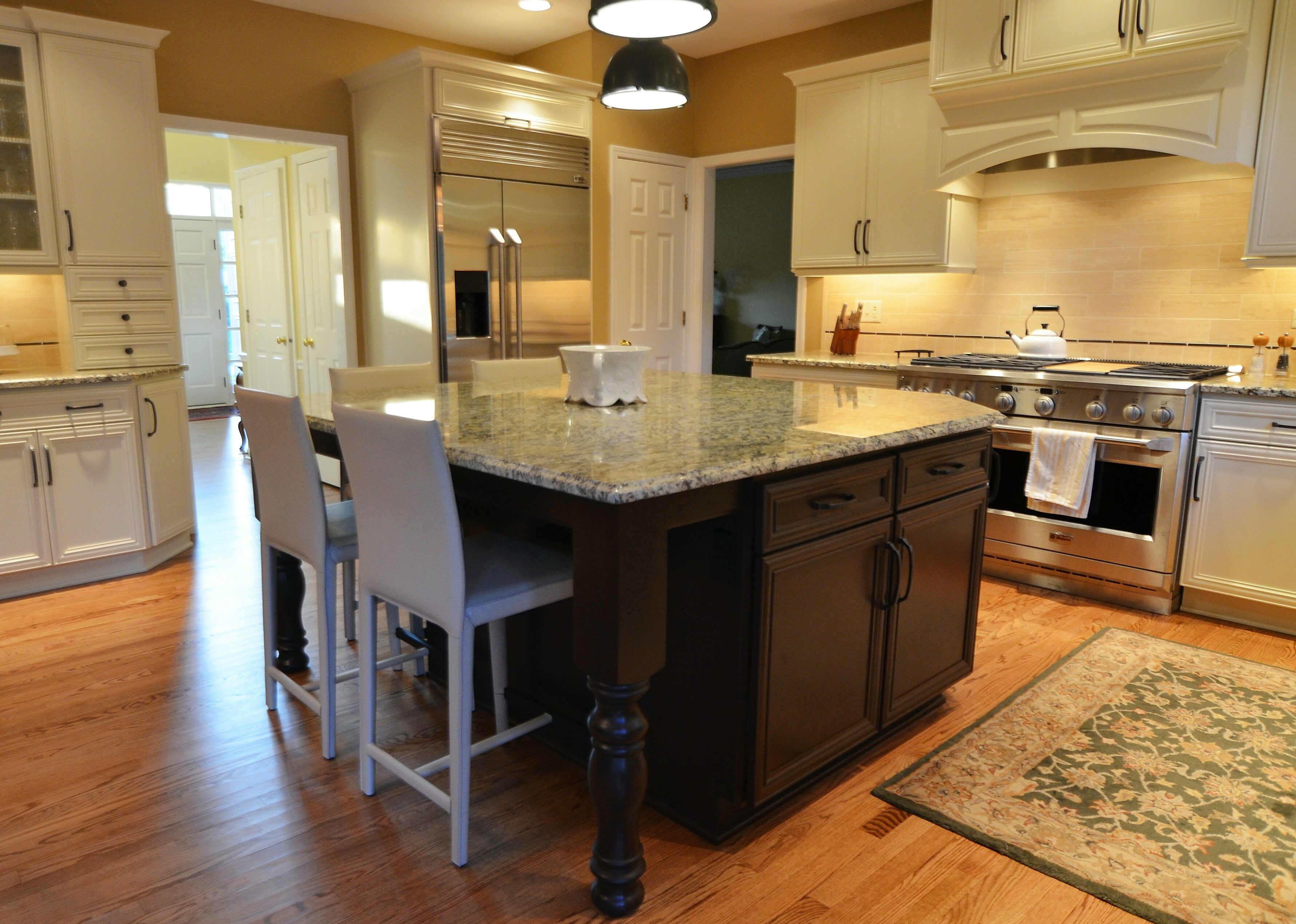 2 A Dark Island And Medium Stained Hardwood Floors Balance The