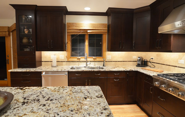 Kitchen remodeling in Naperville, IL. Sink area with glass door detail.