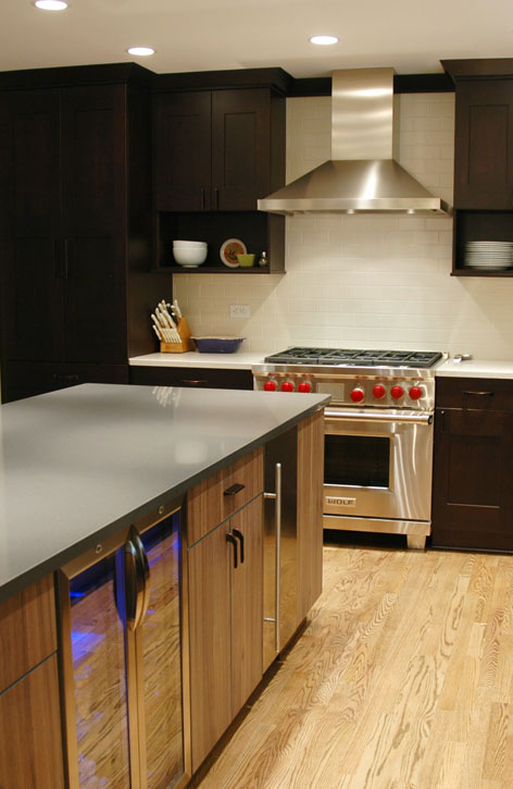 Kitchen remodeling in Naperville, IL. Refinished hardwood floors compliments color pallets.