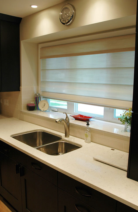 Kitchen remodeling in Naperville, IL. Quartz counters installed in window for increased versatility.
