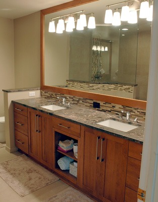 the kitchen master bathroom renovation custom vanity with open towel storage large mirror