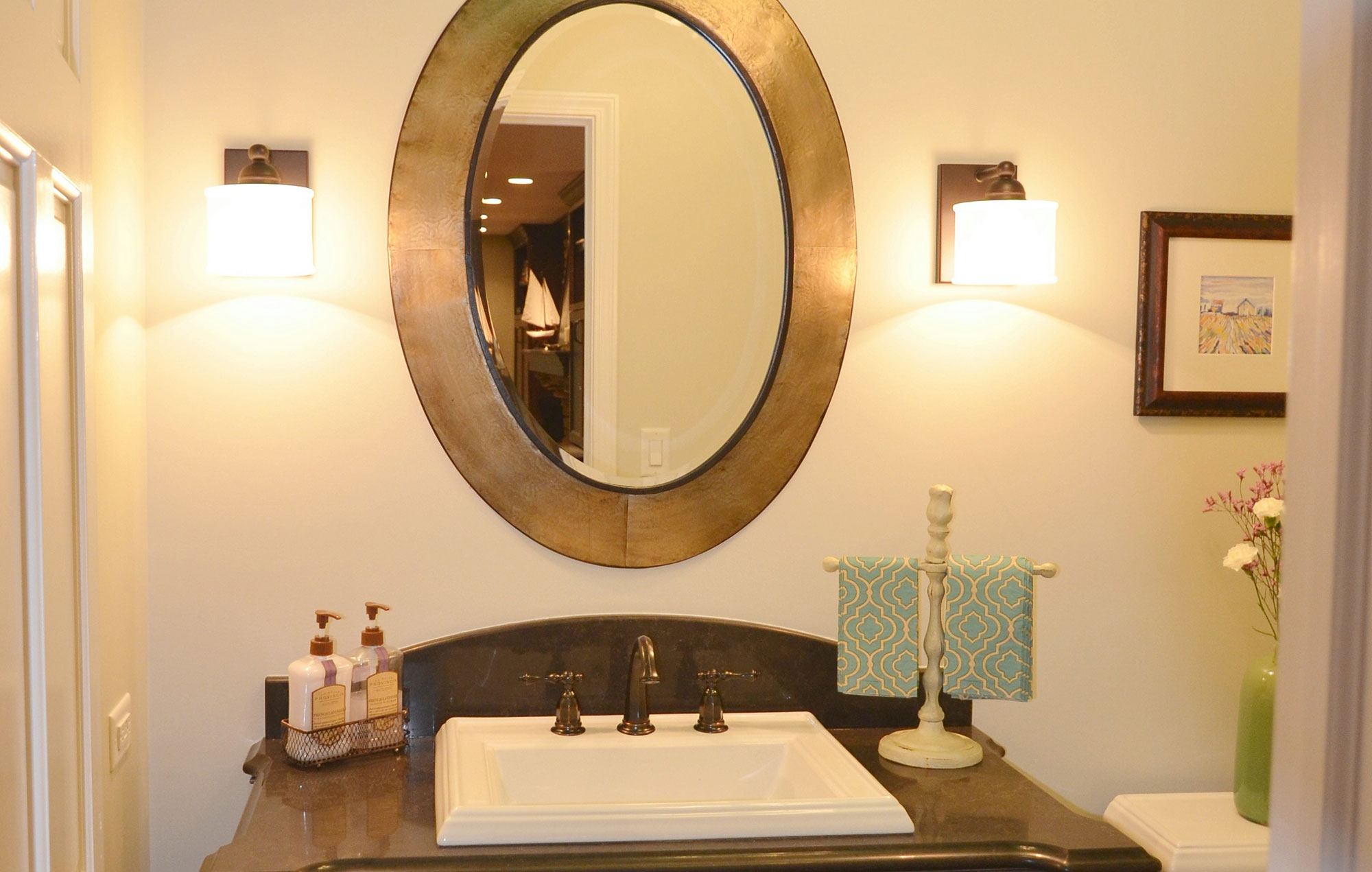 the kitchen master custom vanity oval mirror double pendant lights