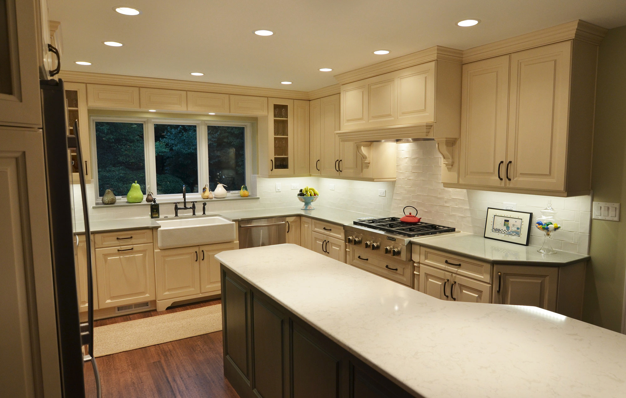 Kitchen remodeling in Naperville, IL. Custom kitchen counters and green island.