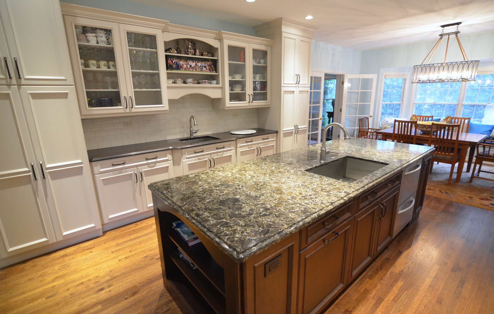 Kitchen remodeling in Naperville, IL. Oversized kitchen island with shelf space.