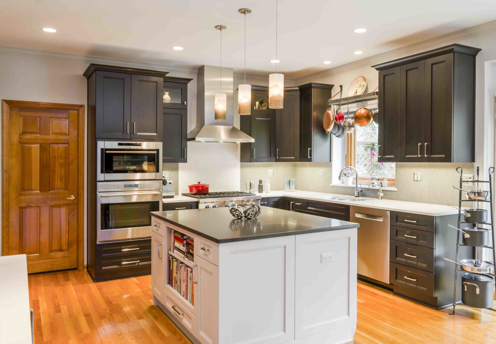 the kitchen master remodel black and white cabinets square island white countertops recess lighting