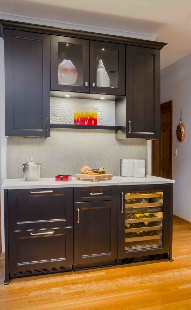 the kitchen master renovation hardwood floors deep brown cabinets textured backsplash