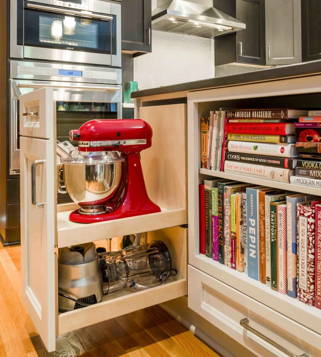 the kitchen master remodel appliance drawer white cabinets book storage