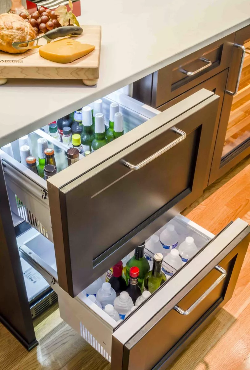 the kitchen master remodel beer fridge drawers white countertops grey cabinets hardwood floors