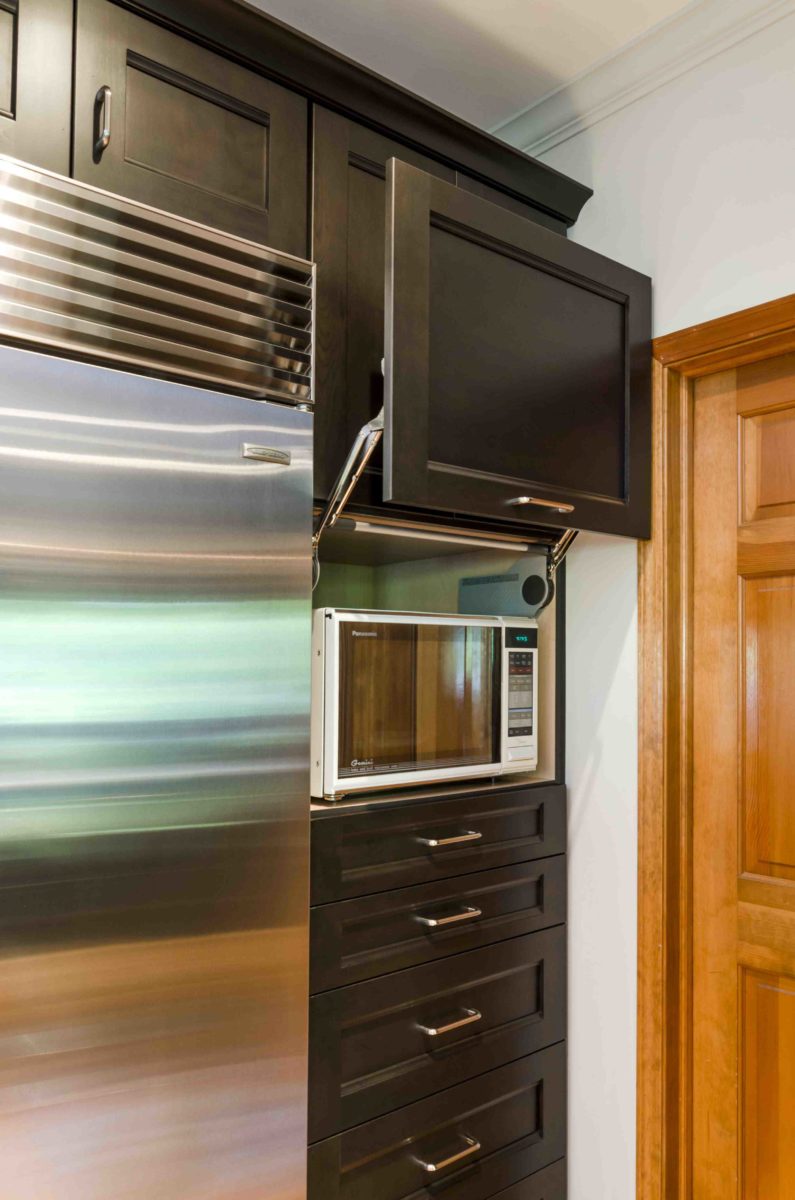 the kitchen master remodel dark cabinets hidden microwave shelf stainless steel fridge
