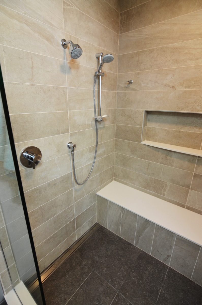 the kitchen master bathroom remodel large shower double shower heads bench tile wall and flooring