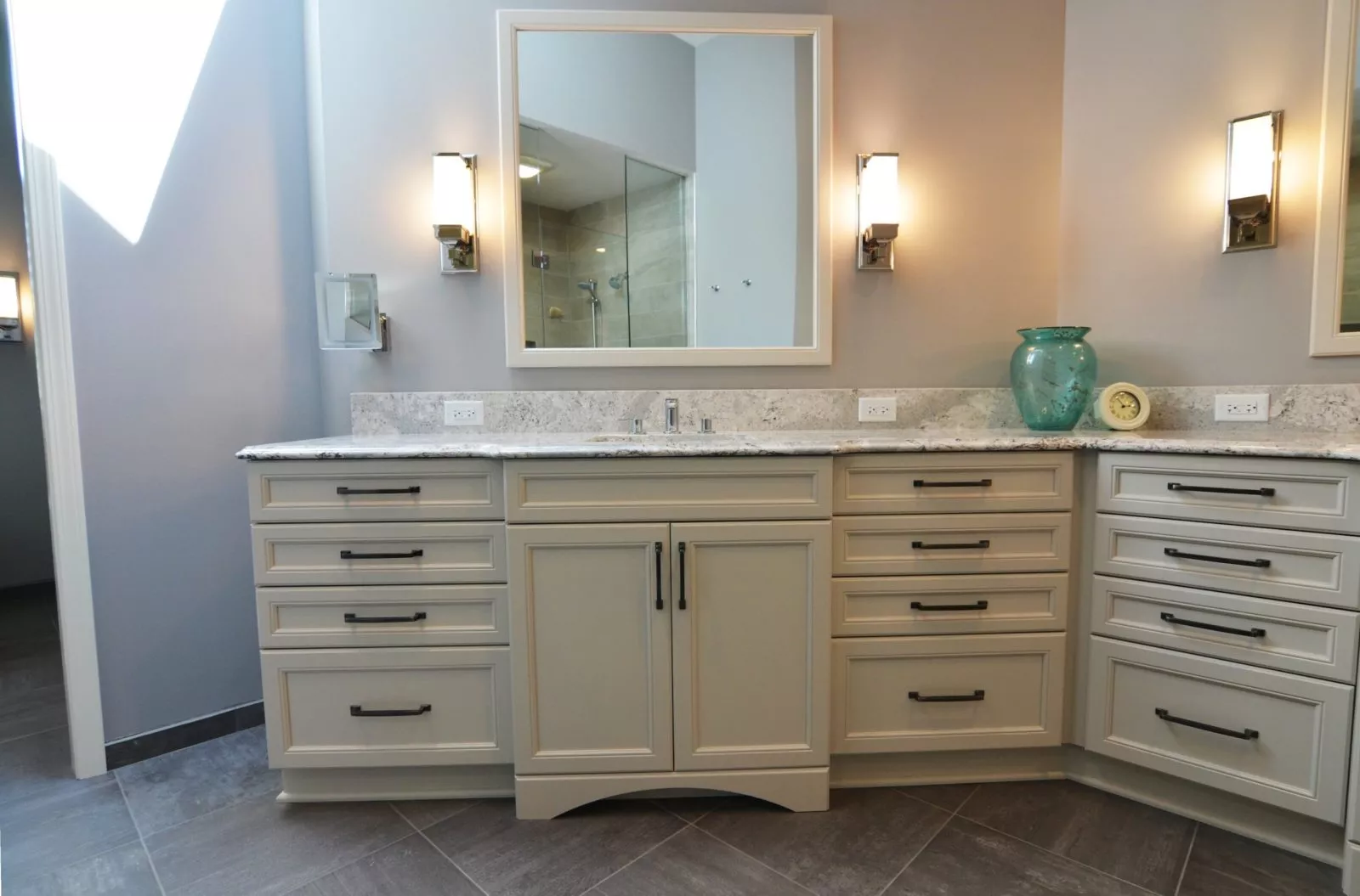 the kitchen master bathroom renovation vanity white cabinets quartz countertops lighting fixtures