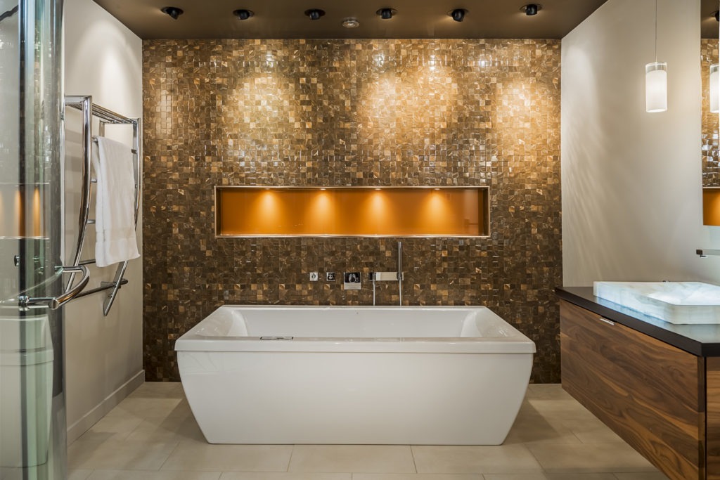 bathroom renovation large garden tub tile wall storage in wall glass shower floating vanity