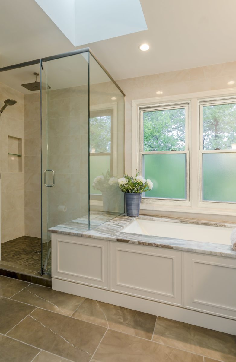 bathroom renovation glass shower tile floor stone countertops the kitchen master