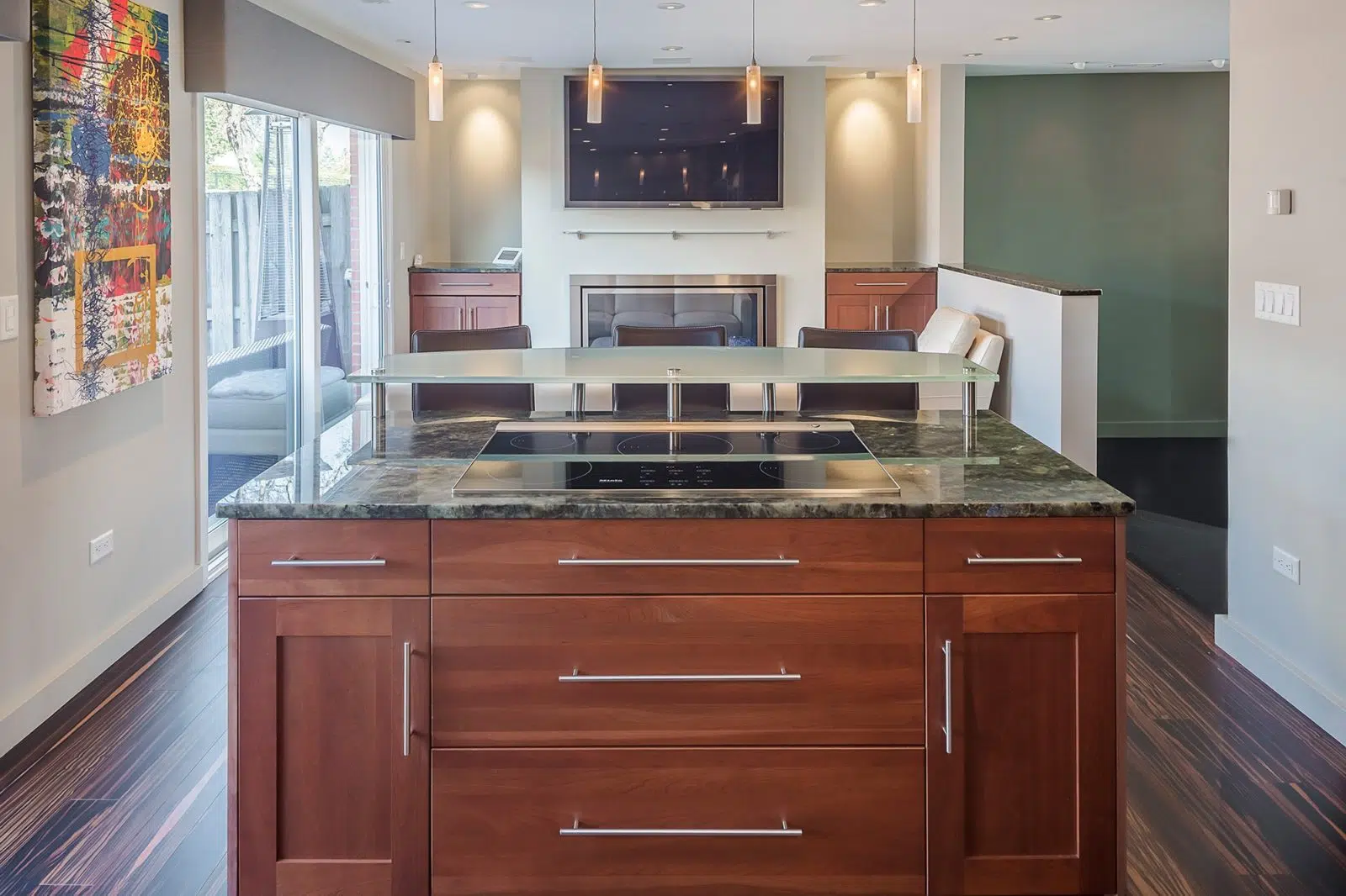 small kitchen renovation brown island glass shelving chrome finishes modern painting on wall