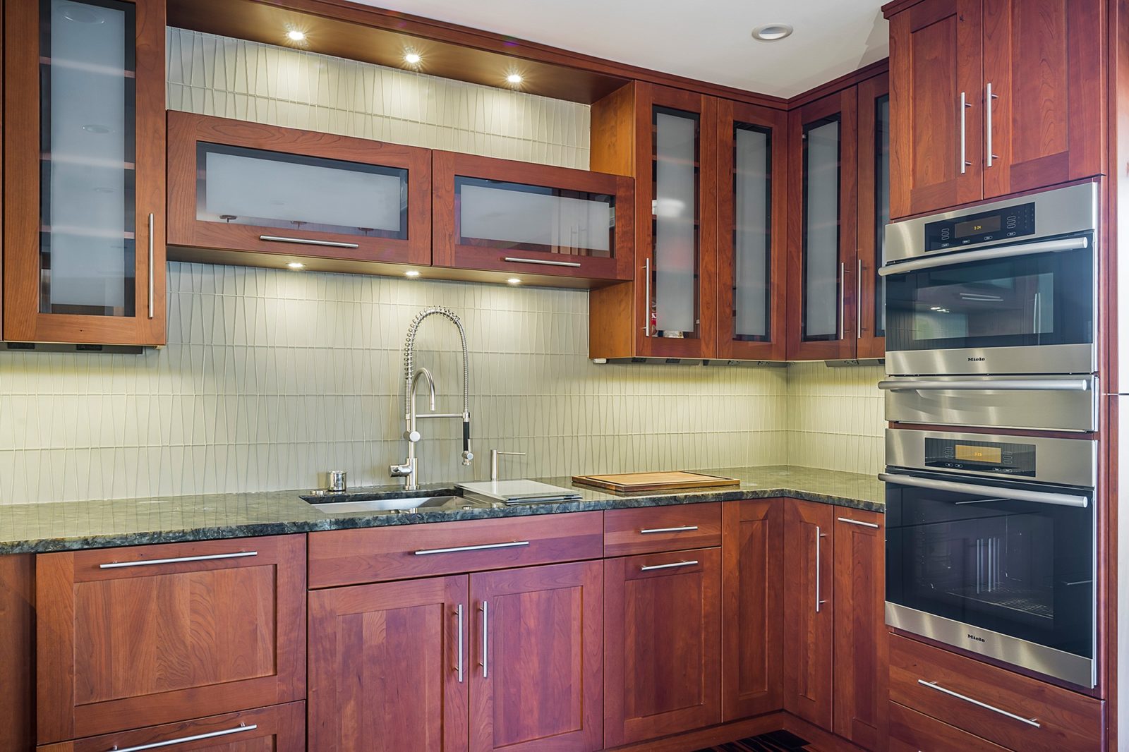 Glass cabinet doors in kitchen