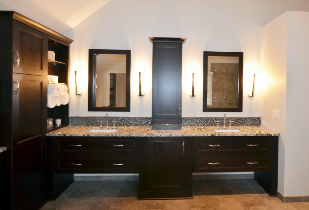 the kitchen master bathroom remodel with double vanity dark cabinetry open shelving and tiled vanity