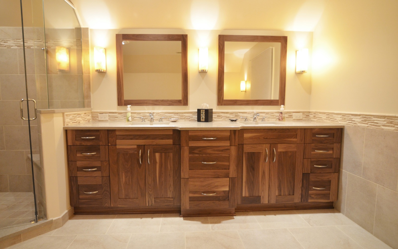natural bathroom renovation wood vanity double sink an mirror glass shower light tile floor