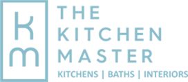 Words The Kitchen Master atop kitchens baths and interiors in blue text next to logo