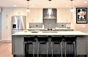 the kitchen master kitchen renovation white cabinetry large white island clear pendant lights