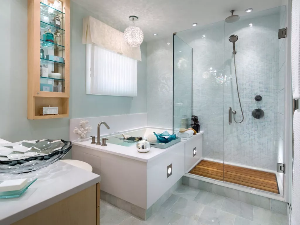 the kitchen master bathroom renovation flooring & walls with glass shower and white tub