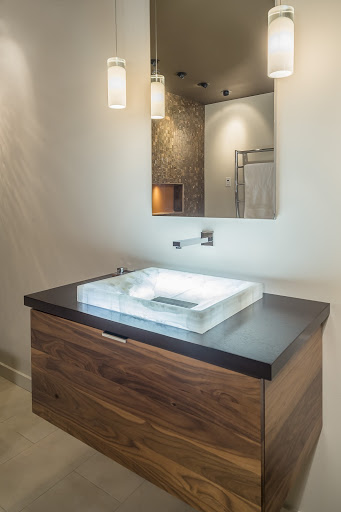 Quartz bathroom sink with lighting on the inside, with mirror and large drawer underneath