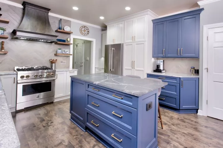 the kitchen master two tone blue and white cabinets grey hooded vent small island granite countertop