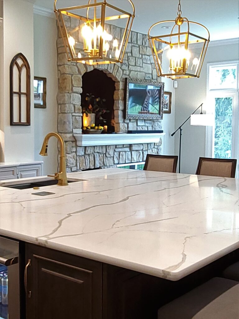 Closeup of quartz countertops in newly remodeled kitchen